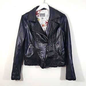 Kenna-T black leather moto ruffled leather jacket size large
